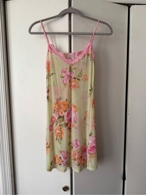 Pink and Green Rose Floral Fairycore Y2K Lace-Trim Slip Dress